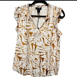 RACHEL Rachel Roy White and Brown Leaf Print Blouse